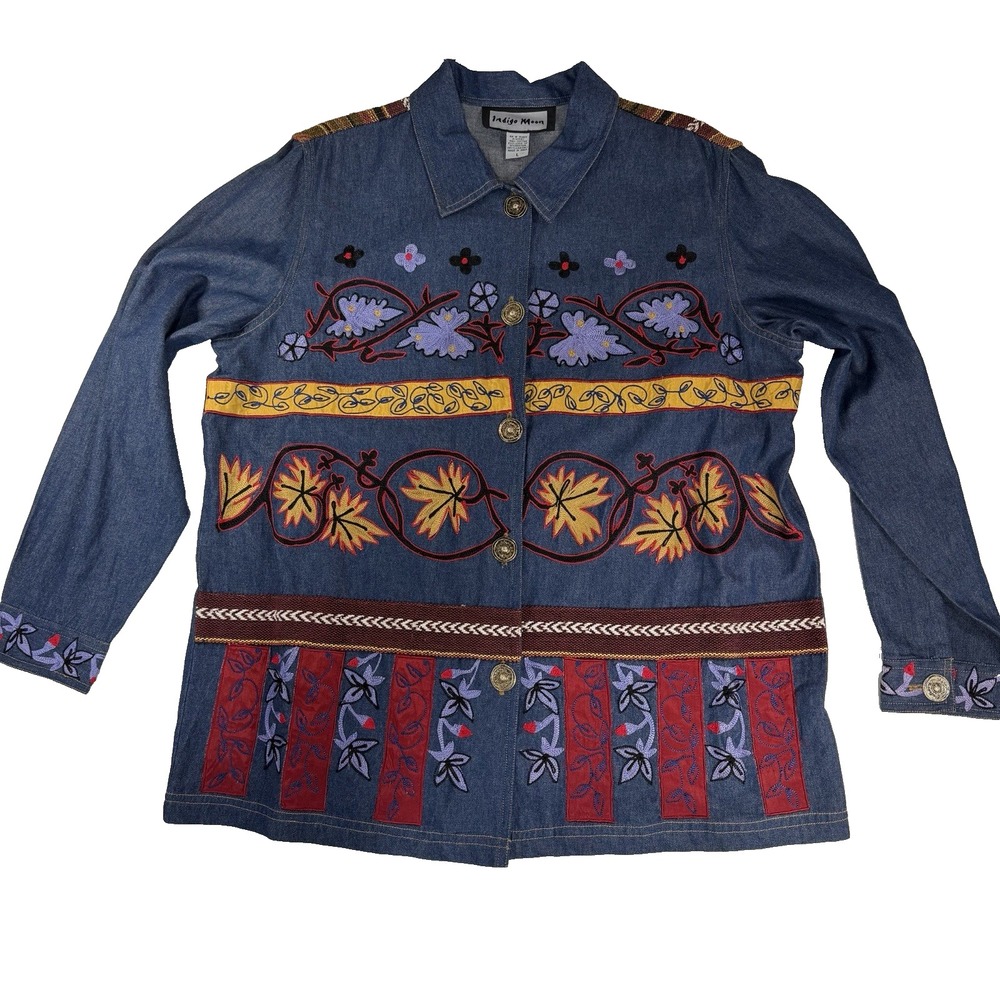 Indigo Moon Embroidered Denim Jacket Womens L Boho Folk Art Floral Long Coat